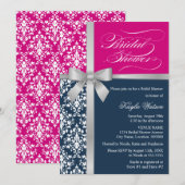 Damask Faux Silver Ribbon Navy Pink Vrijgezellenfe Kaart (Voorkant / Achterkant)