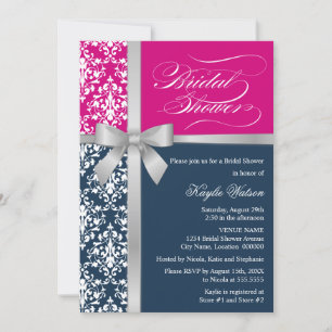Damask Faux Silver Ribbon Navy Pink Vrijgezellenfe Kaart