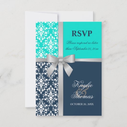 Damask Faux Silver Ribbon Navy Wedding RSVP (Voorkant)