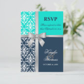 Damask Faux Silver Ribbon Navy Wedding RSVP (Staand voorkant)