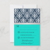 Damask Faux Silver Ribbon Navy Wedding RSVP (Achterkant)