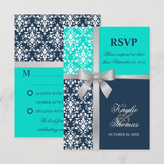 Damask Faux Silver Ribbon Navy Wedding RSVP (Voorkant / Achterkant)