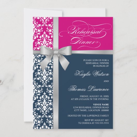 Damask Faux Silver Ribbon Rehearsal Dinner Kaart (Voorkant)