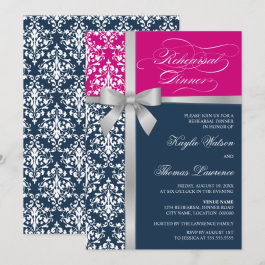 Damask Faux Silver Ribbon Rehearsal Dinner Kaart (Voorkant / Achterkant)