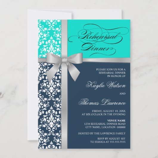 Damask Faux Silver Ribbon Rehearsal Dinner Kaart (Voorkant)