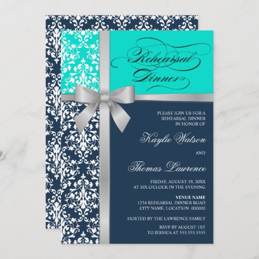 Damask Faux Silver Ribbon Rehearsal Dinner Kaart (Voorkant / Achterkant)