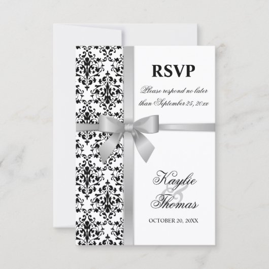 Damask Faux Silver Ribbon Wedding RSVP Kaart (Voorkant)
