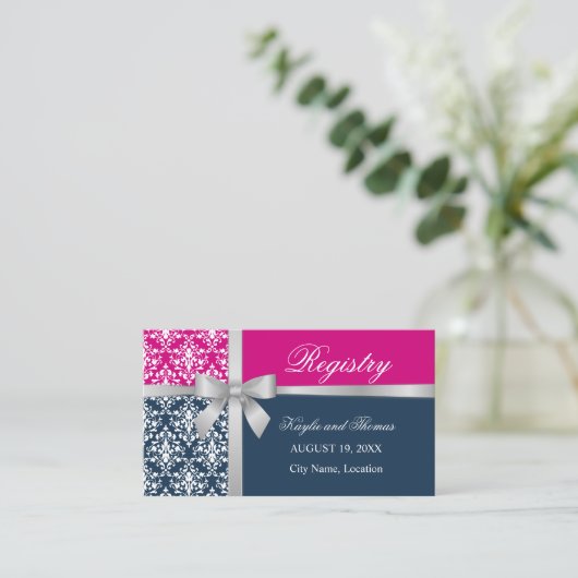 Damask Faux Sliver Ribbon Navy Blue Fuchsia Insert Visitekaartje (Staand voorkant)