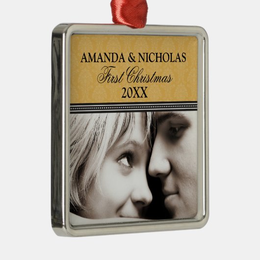 Damask First Kerstbruiloft Ornament (goud) (Rechts)