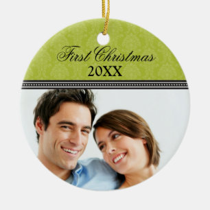 Damask First Kerstbruiloft Ornament (olijf)