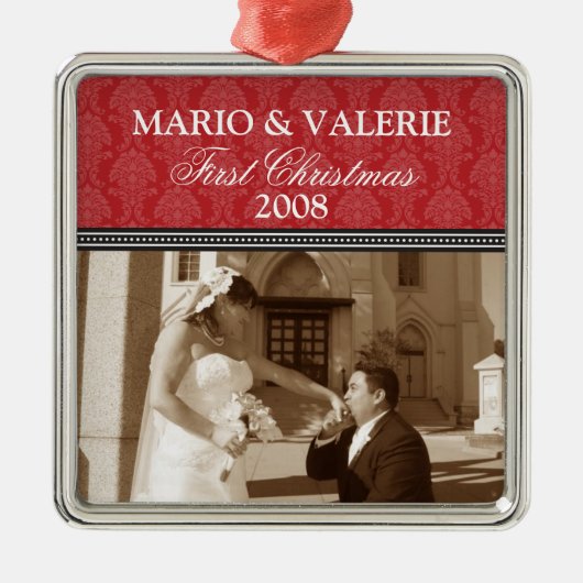Damask First Kerstbruiloft Ornament (rood) (Voorkant)