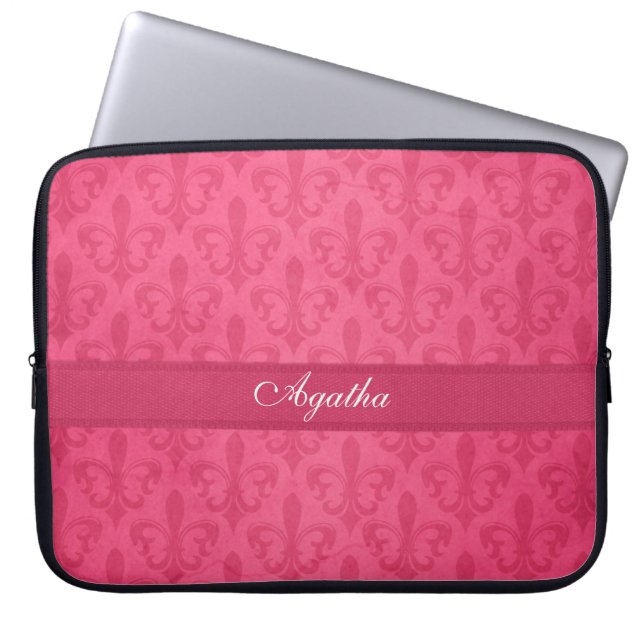 Damask fleur de lis genaamd donkerroze laptop hoes (Voorkant)