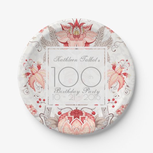 Damask Floral 100th Birthday Party Paper Bord (Voorkant)