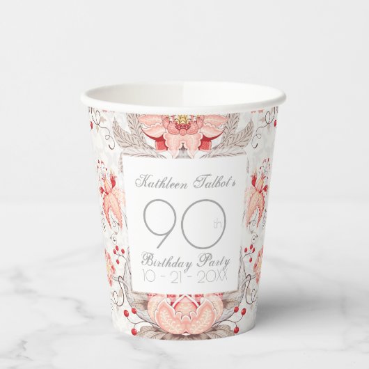 Damask Floral 90th Birthday Party Paper Cup Papieren Bekers (Links)