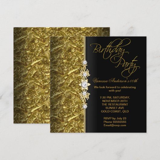 Damask Floral Birthday Party Gold Black 3 Kaart (Voorkant / Achterkant)
