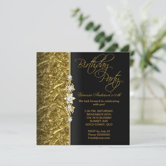 Damask Floral Birthday Party Gold Black 3 Kaart (Staand voorkant)