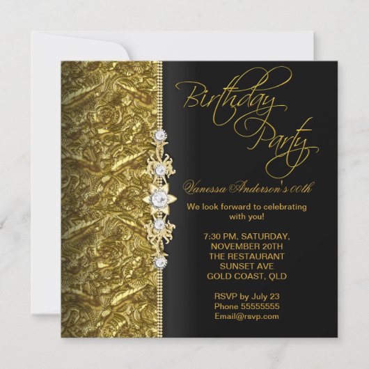 Damask Floral Birthday Party Gold Black 3 Kaart (Voorkant)