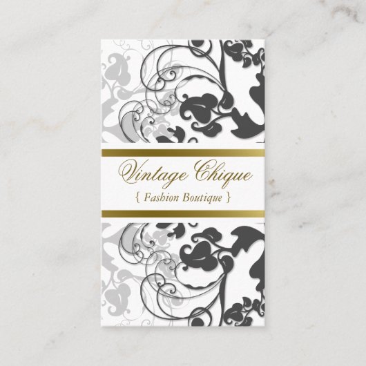 Damask Floral Flourish Chic Black Elegant Visitekaartje (Voorkant)