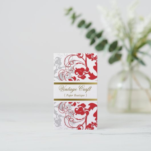 Damask  Floral Flourish Chic Red Elegant Visitekaartje (Staand voorkant)