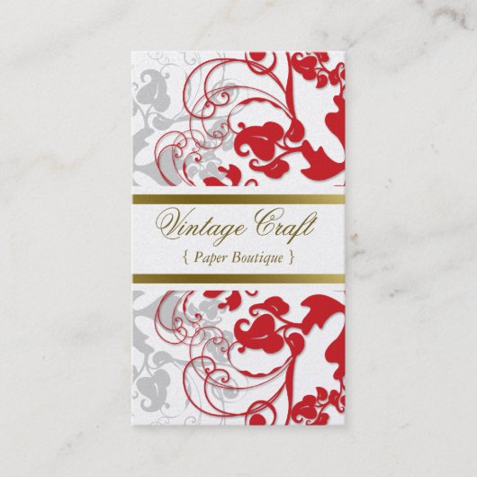 Damask  Floral Flourish Chic Red Elegant Visitekaartje (Voorkant)