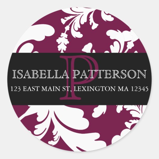 Damask Floral Monogram Cirkel Adres Label (Voorkant)