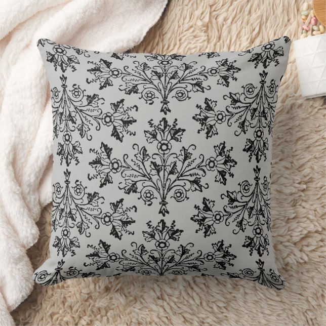  Damask Floral Pattern Black Light Grey Kussen (Deken)