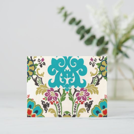 Damask Floral Pattern Plum Turquoise Briefkaart (Staand voorkant)