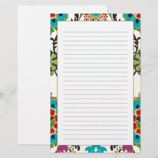 Damask Floral Pattern Plum Turquoise Briefpapier (Voorkant / Achterkant)