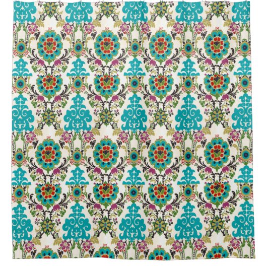 Damask Floral Pattern Plum Turquoise Douchegordijn (Voorkant)