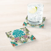 Damask Floral Pattern Plum Turquoise Glazen Onderzetter (Schuin)