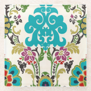 Damask Floral Pattern Plum Turquoise Glazen Onderzetter