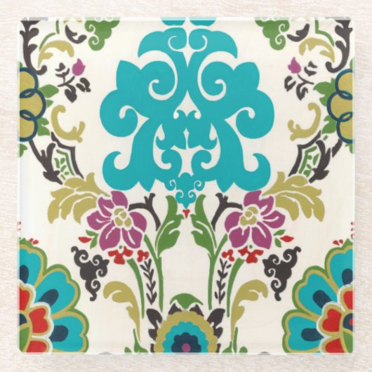 Damask Floral Pattern Plum Turquoise Glazen Onderzetter (Voorkant)