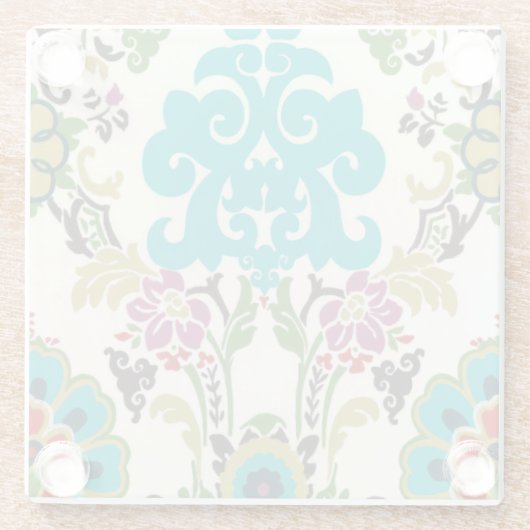Damask Floral Pattern Plum Turquoise Glazen Onderzetter (Achterkant)