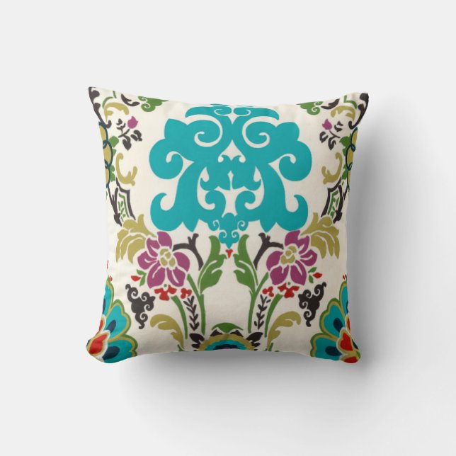 Damask Floral Pattern Plum Turquoise Kussen (Voorkant)
