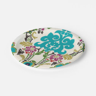 Damask Floral Pattern Plum Turquoise Papieren Bordje