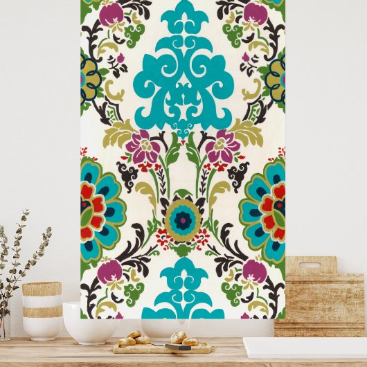 Damask Floral Pattern Plum Turquoise Poster (Keuken)