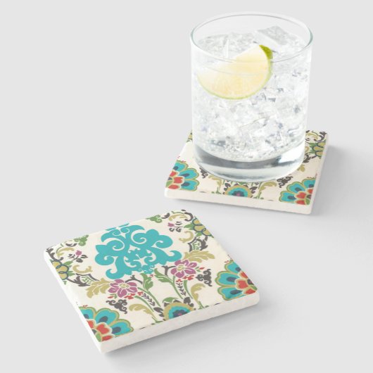 Damask Floral Pattern Plum Turquoise Stenen Onderzetter (Zijkant)