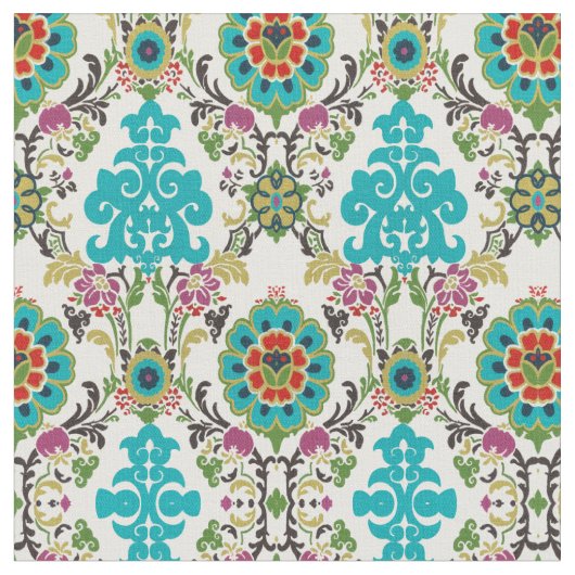 Damask Floral Pattern Plum Turquoise Stof (Close Up)