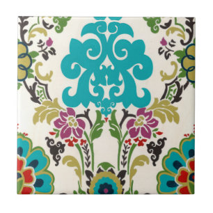 Damask Floral Pattern Plum Turquoise Tegeltje