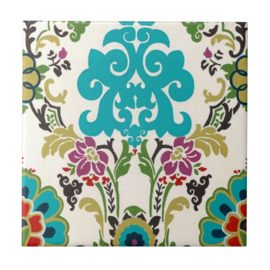 Damask Floral Pattern Plum Turquoise Tegeltje (Voorkant)