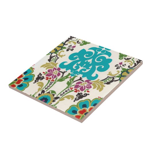 Damask Floral Pattern Plum Turquoise Tegeltje (Zijkant)