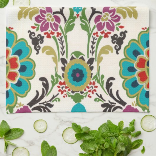 Damask Floral Pattern Plum Turquoise Theedoek (Gevouwen)