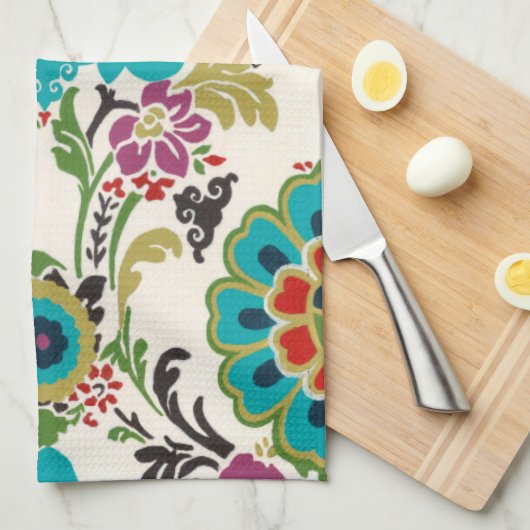 Damask Floral Pattern Plum Turquoise Theedoek (Quarter Fold)