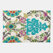 Damask Floral Pattern Plum Turquoise Theedoek (Horizontaal)