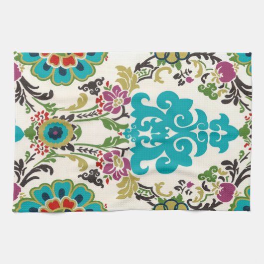 Damask Floral Pattern Plum Turquoise Theedoek (Horizontaal)