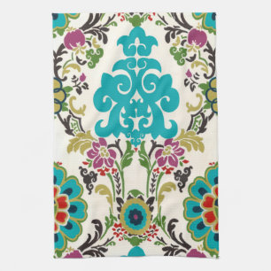Damask Floral Pattern Plum Turquoise Theedoek