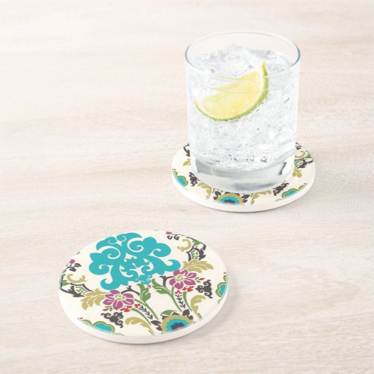 Damask Floral Pattern Plum Turquoise Zandsteen Onderzetter (Zijkant)