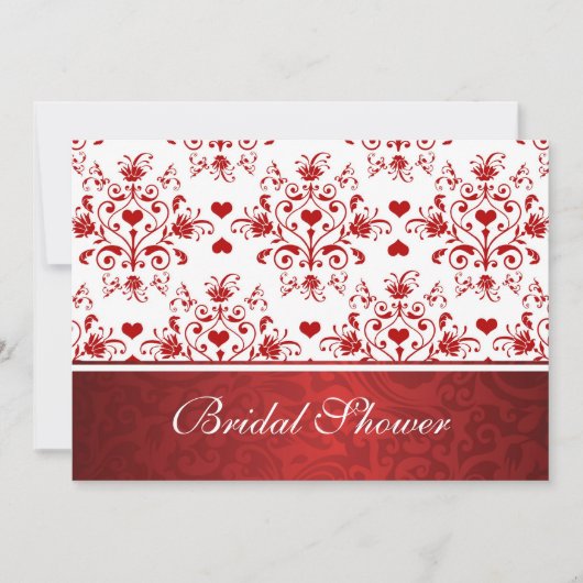 Damask floral red harten Bridal Shower Invitation Kaart (Voorkant)