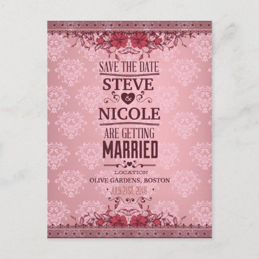  Damask Floral Wedding Save the Date Aankondigingskaart (Voorkant)