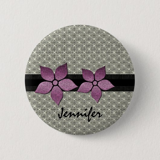 Damask Flowers Striped Border Button (Voorkant)